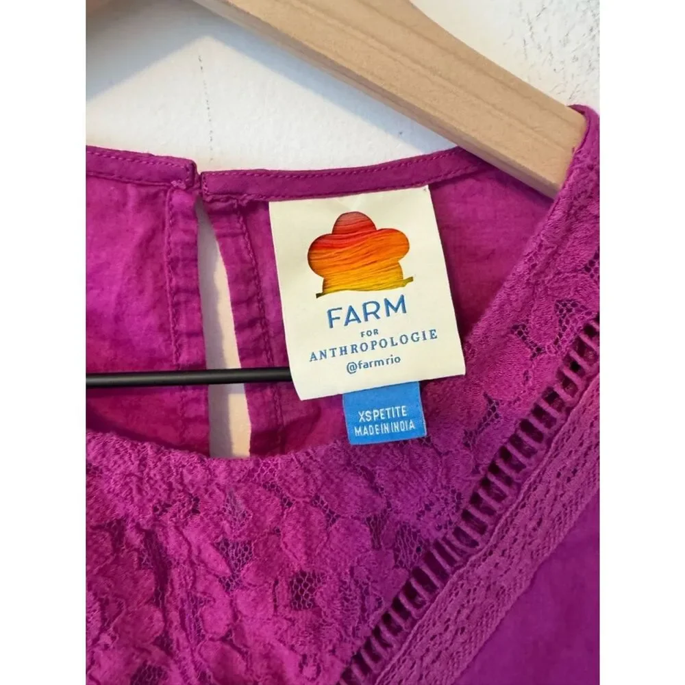 FARM Rio Fuchsia Lace V-Neck Puff Sleeve Top XS Petite